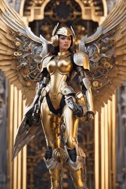 photo full body mechanical lady Angel cyborg straddle wings, using traditional armor,detailed, intricate,gears cogs cables wires circuits, gold silver chrome copper,abstract background