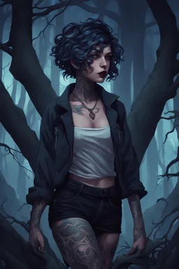 tattooed vampire girl showing fangs with short cropped curly cyberpunk hair wandering in tangled forest in the moonlight