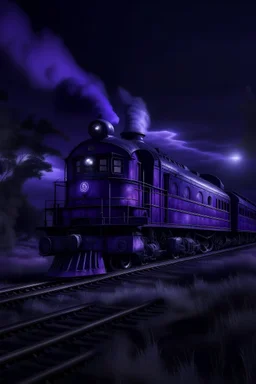 A portrait of a ghost train in a purple night sky