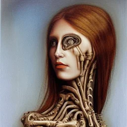  100 % modern conceptual art, hyperrealistic surrealist portrait oil painting by HR Giger , of a beautiful : :18 year old [biomechanical] woman , painted in the style of: : : flemish rennaisance and Jan van Eyck, painted with thin layers of transparent oil colors, oil glazing technique, airbrush painting by HR Giger , oil painting by Jan van Eyck, texture materials mapping by Ernst Haeckel, lichen growth, mycelium, front view centered 3/4 figure symmetrical and cinematic side lighting, dramati