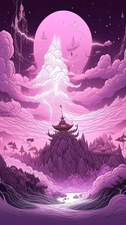A pinkish light purple outer space with nebulous lightning designed in Javanese shadow puppets
