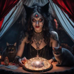 Hyper Realistic photographic-view of Wicked-&-Beautiful-Fortune-teller-with-glowing-red-eyes wearing black-beed-necklace-&-bracelet angrily Looking at her crystal-ball glowing magically & sitting in her tent with a horrifying-black-cat at dark-night decorated with fancy-traditional-feathers-&-tarot-cards showing dramatic & cinematic ambiance"