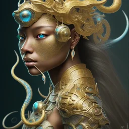 Sango fantasy, fantasy magic, intricate, sharp focus, illustration, highly detailed, digital painting, concept art, matte, art germ and Paul Lewin and Kehinde Wiley, masterpiece Indonesian lady head bronze tiger Asian African girl nice breast Hawaiian hair turquoise silver waves