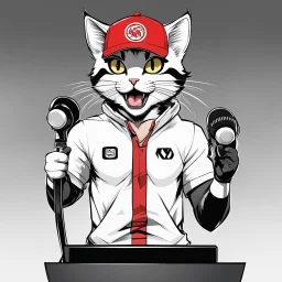 a drawing of a manga cat man with a sports cap and shirt, speaking at a (((lectern))) with a microphone, red, white and black colors, cat white and black colors, microphone in one hand, cat asking