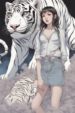 junji Ito ~ shintaro kago ~ apollonia saintclaire ~ saturno butto ~ anime woman posing. standing next to giant fierce white tiger. anime style alluring. cute, amazingly girly. Cute. anime girl. unrealistic feminine anatomy, very feminine pose. Gorgeous features . Hyper detailed. High definition. Anime style. HDR. 8k. This contrast between the fantastical character and the more bold color scheme and elements gives the piece an intriguing narrative quality. painted realism, photorealistic, fantasy