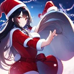 Clear focus, high resolution, black long fluffy hair, red eyes, wearing a chrimstas outfit, wearing a red short skirt, wearing a santa hat