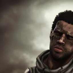 badass black man, long curly black hair, scar on eye, hooded, post-apocalyptic, realistic, intriacte detail, sci-fi fantasy style, volumetric lighting, particales,highly detailed,cinamatic, deep colours,8k