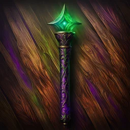 Closeup of an old, dark, wooden magical wand used for black magic. Poison-Green and violet details. Evil. Dark. Black magic. No detailed background.Magical. Epic. Dramatic, highly detailed, digital painting, masterpiece