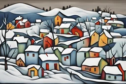 abstract painting style picasso winter joy in lonely village