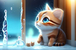 cute chibi thankful cat praying in an icy room in sunshine