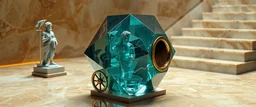 medusa FOLLY, roman athlete guardian of xtal artifact, oracle smoke, perfect geometry, niad, greek gods and heroes, the chariot, the fool and the tower tarot card disaster rendered in magnificient 4d glossy marble stones reflective and wet, like mirrors, winding stairs, watchers, statues of perfect transparent dented glass octahedron dice spaceship with oval interference door, wheeled vessel