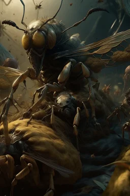 Bosch nightmares paint inf style Title: a creature with bee lizerd,insanely detailed octane render trending on artstation, 8k artistic photography, photorealistic concept art, soft natural volumetric cinematic perfect light, chiaroscuro, award-winning photograph, masterpiece, oil on canvas, Raphael, Caravaggio, Greg Rutkowski, people, beksinski, Giger