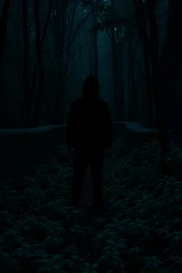 A dark shadow standing in a dark and quiet forest with lots of plants and vegetation