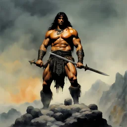 Conan the Barbarian standing on a mountain of Skulls, dark, multicolored watercolor stained wall in the background, oil painting in the art style of Frank Frazetta, 32k UHD, Hyper realistic, photorealistic, realistic, sharp, highly detailed, professional quality, beautiful, awesome, majestic, superb, trending on artstation