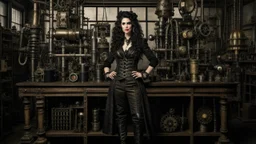 full-length portrait of a pale-faced woman with dark wavy shoulder-length hair, with detailed steampunk metal arms and legs, dressed like a Victorian, in a laboratory full of small machines