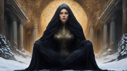 winter, (1woman), (sitting:1.1), (medium full shot), sf, intricate artwork masterpiece, ominous, matte painting movie poster, golden ratio, trending on cgsociety, intricate, epic, trending on artstation, by artgerm, h. r. giger and beksinski, highly detailed, vibrant, production cinematic character render, ultra high quality model