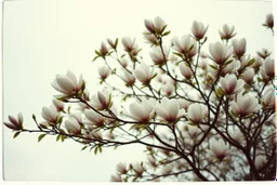Melancholic, ultra-realistic vintage polaroid photograph of a The magnolia tree, soft light of a cloudy sky, atmosphere of quiet sadness and timeless beauty, cinematic, hyper-detailed, emotional and mesmerizing, bloom, lo-fi