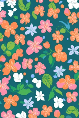 a brightly colored flower design pattern featuring a white background, green leaves, pink, blue and orange flowers