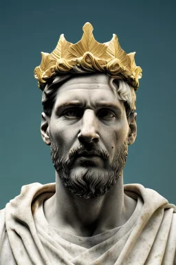 Ultra Realistic image, Roman sculpture, white marble material, Lionel Messi, gold Laurel leaves wreath, god crown, baroque ornaments, one gold star in heart, sun ornament, sun rays background, chisel style, waist up portrait, emperor style, epic, celestial, cinematic lighting, God light, god rays, 4k resolution, smooth details, ornate details, soft lighting, unreal engine 5, art station, substance 3d.