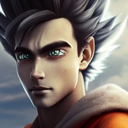 Son-goku close up, face, extreme details, glowing hair, realistic, unreal engine, 4k