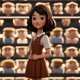 a portrait of smiling girl. carricature. cute. adorable. black hair. medium hair. fair skin. dark brown eye pupils. monolid eye. small nose. heart face shape. formal dress. pixar style. 3D. 4k. portrait. highly detailed. sharp focus. high resolution. full color. cinema lighting