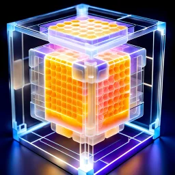 a futuristic translucent neurocube, inside the cube there are partitions made of honeycomb plates