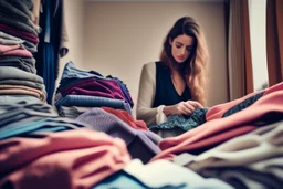 fotografía real, realizada con una cámara Canon y un objetivo de 35 mm, de una mujer europea seleccionando ropa entre un montón