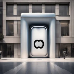 dramatic surreal doorway to a Apple store that is shaped like a giant smart phone, Apple Inc Logo in window, dramatic modernist architecture, stylish, hyperrealistic, photoreal, HD, neo-art deco design