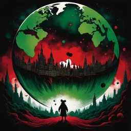 color Ink illustration by Phillipe Druilett, heavily inspired by the unsettling symbolism of Virgil Finday and Alexander Jansson, mickey mouse looming over the globe, red and dark_green and black color scheme dominating the artwork, grim narrative, smooth illustration, chilling Eldritch motifs, UV reactive color slashes, textured surface, ominous representation, unsettling.