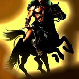 ultra detailed portrait of Conan the barbarian Riding a black horse, wearing armor and Sword, extremely detailed digital painting, extremely detailed face, in the style of robert e howard and Simon Bisley , mystical colors, rim light, beautiful lighting, 8k, stunning scene, raytracing,perfectly centered image, perfect composition