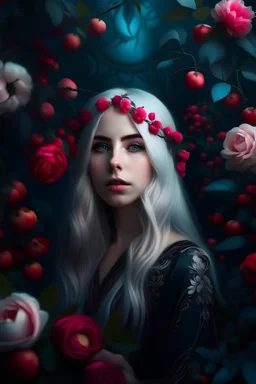 young woman with long white hair dark moody art with spring feel and color, pomegranate tree in background pink roses with flower headdress, hyper realistic maximalist concept art