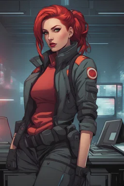 cute and hot female cyberpunk with red hair in a bun, medic, wearing an jacket and pants, background corridor, comic book style
