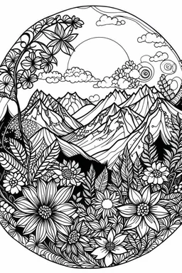 circle with moutains and flowers idea, line art, background, vector, svg, black outline on white background, leave plenty of white space beetween lines for coloring, tattoo style, tattoo idea,full body, minimalist