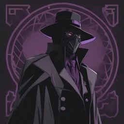 warlock, black hat, black mask with ash purple patterns, black trench coat with ash purple patterns, dark, ominous, ash purple, grey background, profile picture, simplistic design
