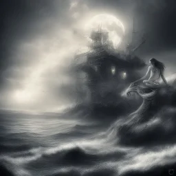 shore, dark, fog, moon, stormy, mermaid,