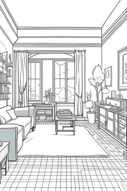 Outline art, house interior design, living room, no shading, no lines, cartoon style, --ar 9:11