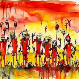 long shot of scarecrows in Rapture being pulled upwards from fallow field toward the heavens, dramatic, horror, by Jonathan Meese, 2D loose stroke watercolor painting, scary crimson hues, expressionism