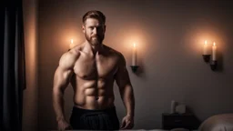 Hyper Realistic Photographic Long Shot View of A (french Beard) Manly Muscular Extremely Handsome Shirtless Ginger Man (Age 35 with Short Hair) Showing His Muscular Smooth Chest with a black towel, Standing & Giving a Light Bold Smile Seductively Against The Wall Inside His Bedroom With Ceiling Lights & Candles In Bedroom With Smoky Environment At Dark Night Showing Dramatic & Cinematic Ambiance.