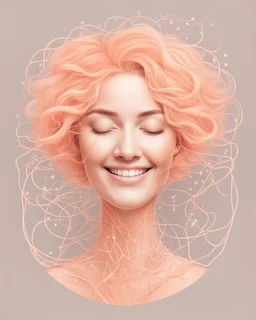 a woman smiling face, close eyes, pastel peach colors, neuron molecule hair thread imitation, logo illustration