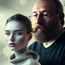 a young woman sitting next to a 50-year-old man with a beard and short hair, portrait, 8K, close-up face, anatomically perfect face, Highly detailed stunning full frame portrait, misty and cloudy atmosphere