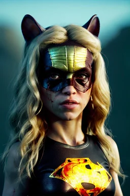 portrait, Shakira, make-up, angry, Realistic image, superhero, retro, watchmen style, gold make-up, blood, sweat, fog, goddess. Black background, photo studio, concept art, smooth, unreal engine 5, god lights, ray tracing, RTX, lumen lighting, ultra detail, volumetric lighting, 3d, finely drawn, high definition, 4k.