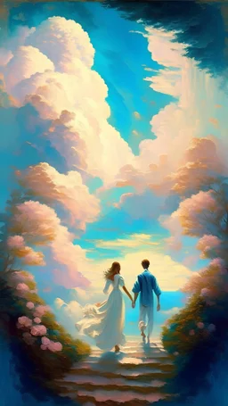 impressionism-style painting of a heaven-like place with two lovers holding each other's hand