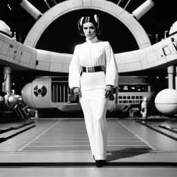 a standing revealing full body black and white photoshoot Princess Leia with her Star Puffs hairstyle, she is poised on hands and knees, by Helmut Newton, typical for the suggestive style of Newton (high quaintly perfect photo) the background is a space dock