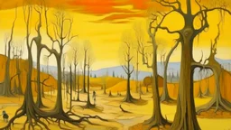 Orangish yellow bony wastelands with dry trees painted by Diego Rivera