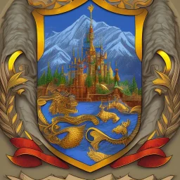 coat of arms of a city in the moutains, very detailed