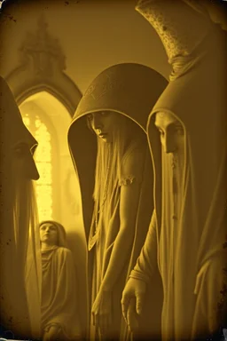 Daguerrotype close up some mysterious figures, odd background, Hieronymus Bosch Max Ernst ambient light, by Minicavio Quollati and Marlost Endgulp, Amano, Botticelli, Hereward, Alphonse Mucha