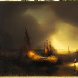 Rembrandt, Snowstorm, glowing lights, ocean, robot