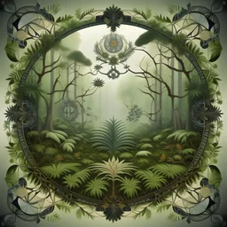 realistic image like a photo of Indian mandala of forest. on first plan ferns, behind roots, tress, flying birds