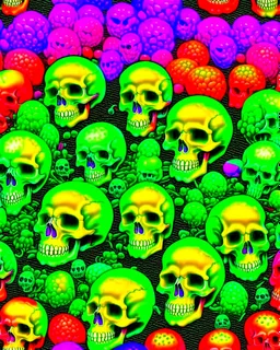 a field of skulls, multi colored, bright, vivid, psychedelic, high detailed, matte, bunches and bubbled up clumps, horrorcore, vines, unsettling contrast