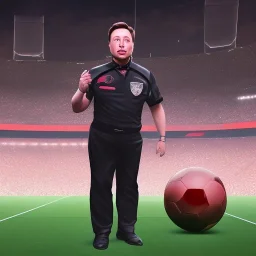 Elon Musk in a referee jersey officiating for a soccer match at Wembley Stadium